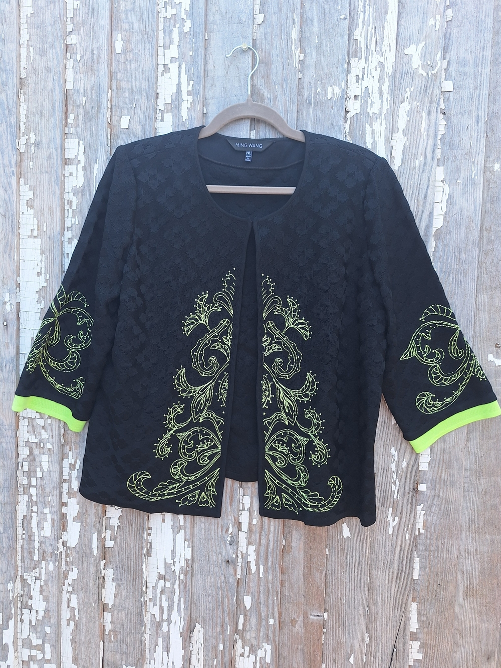 Ming Wang Black Jacket Sweater with Lime Green Embroidery Size XL Petite